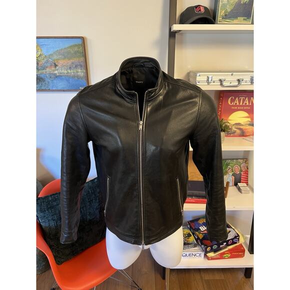 Theory Leather Jacket Mens Large Black Morvek Kelleher Zip Up Sheep Moto Coat - Picture 1 of 3